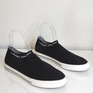 Lauren Ralph Lauren Jordyn Black Knit Slip On Sneakers Logo Strap Size 7.5